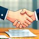 Illustration of two people shaking hands over a contract
